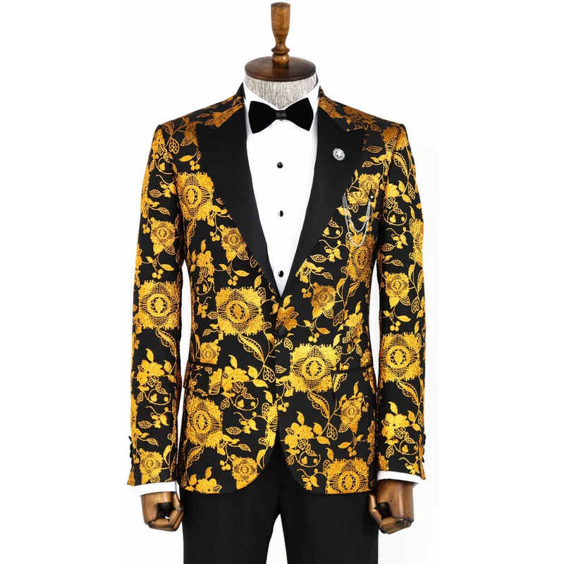Wessi Floral Patterned Slim Fit Yellow Men Prom Blazer