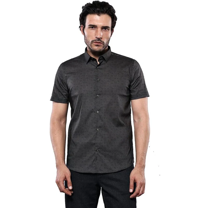 Khaki Patterned Short Sleeve Shirt | Wessi