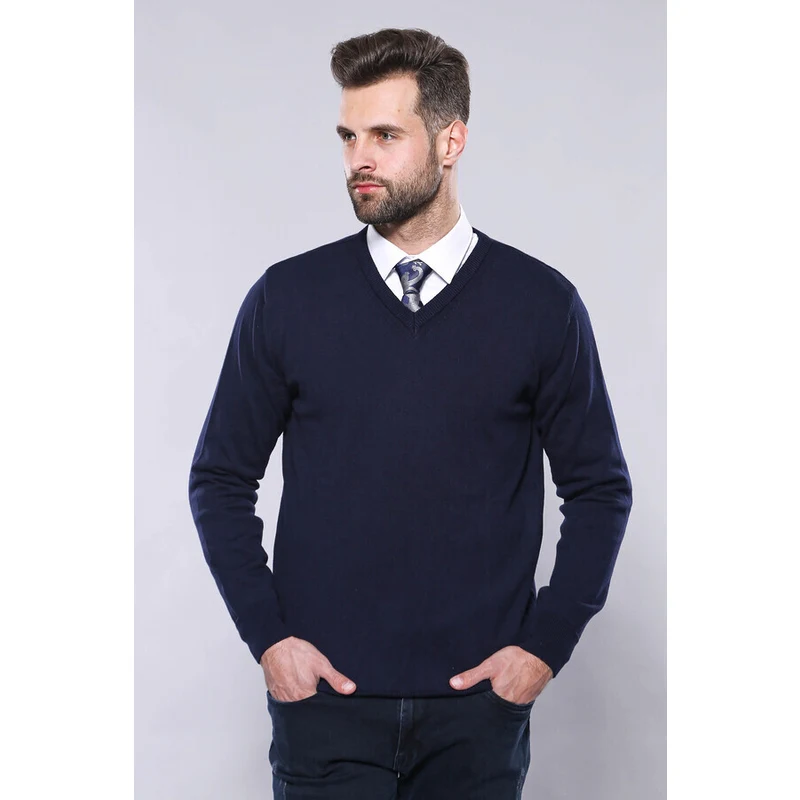 V Neck Dark Blue Knitwear | Wessi