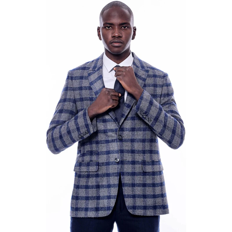 Wessi Checked Peak Lapel Slim-Fit Blue Men Blazer