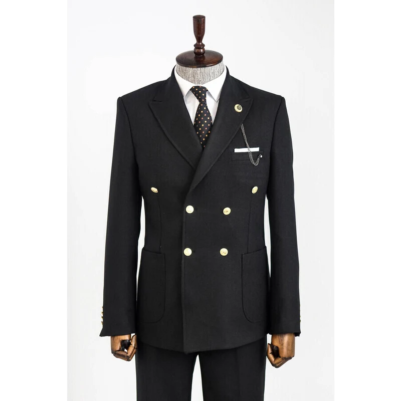 Wessi Double Breasted Slim Fit Black Men Blazer