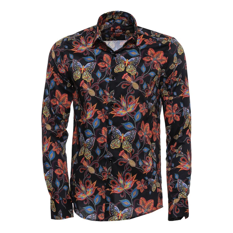 Wessi Butterfly And Floral Pattern Long Sleeves Black Men Shirt
