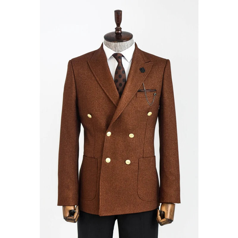 Wessi Double Breasted Slim Fit Brown Men Blazer