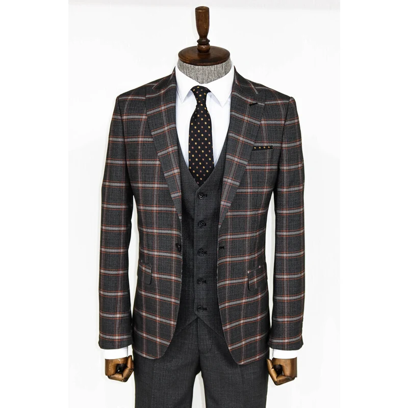 Wessi Checked Patterned Black Slim Fit Suit