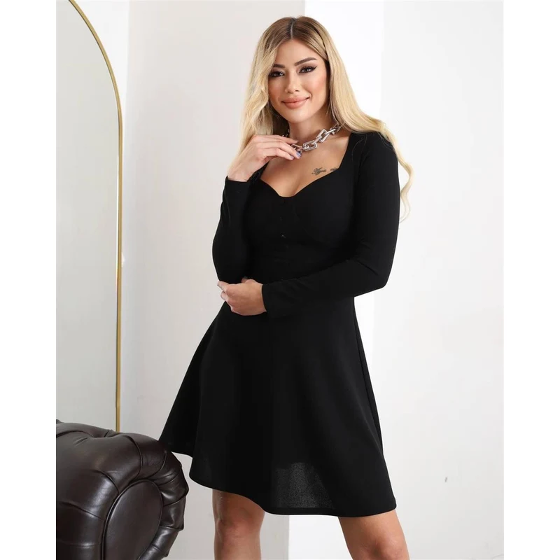 Janes Kadın Uzun Kollu Kalp Yaka Dğme Ve Glop Detay Mini Elbise