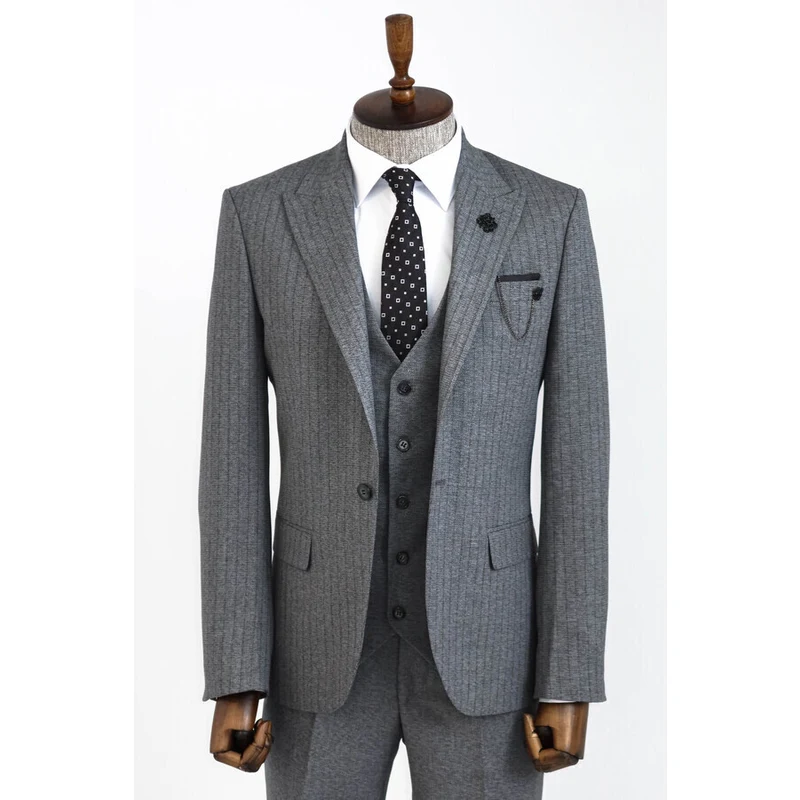 Wessi Striped Vested Grey Men Suit