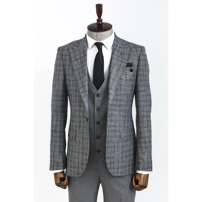Wessi Checked Vested Grey Men Suit