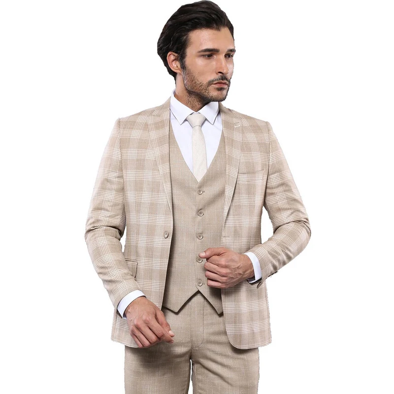 Linnen Touch Checked Beige Suit | Wessi