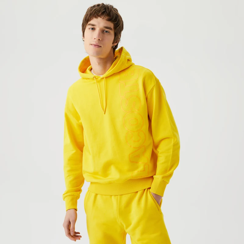 Lacoste Unisex Relaxed Fit Kapüşonlu Baskılı Sarı Sweatshirt