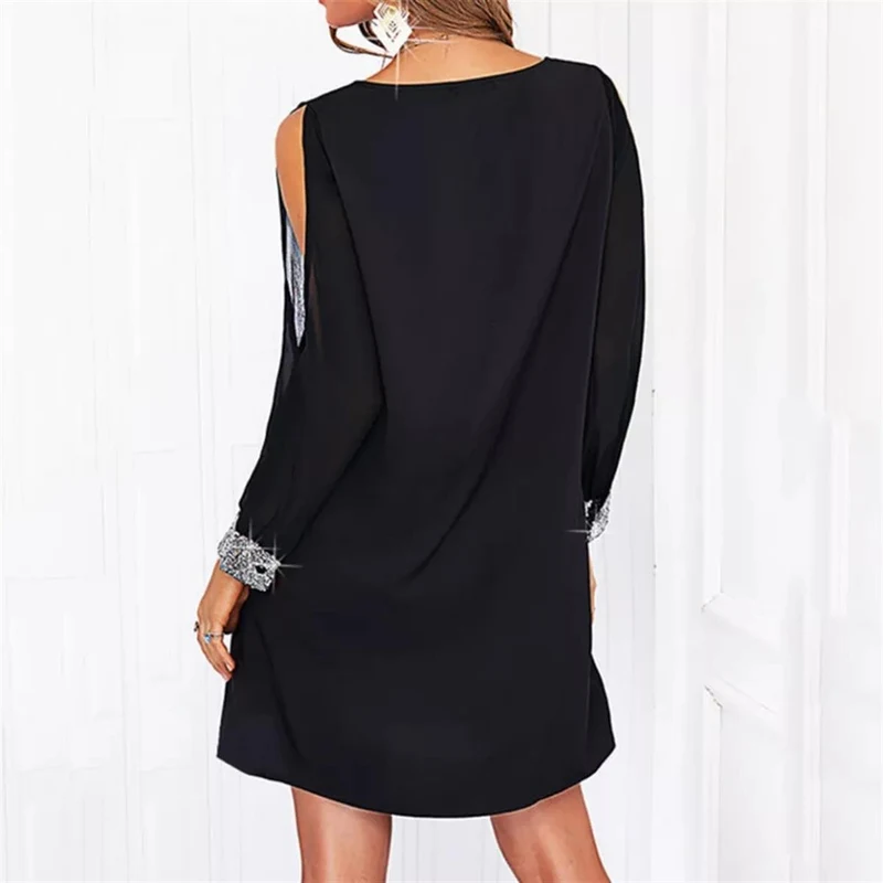 Janes Kadın Siyah Uzun Kollu Kollar Tül Yırtmaçlı V Yakalı Kısa Krep Elbise UB10380