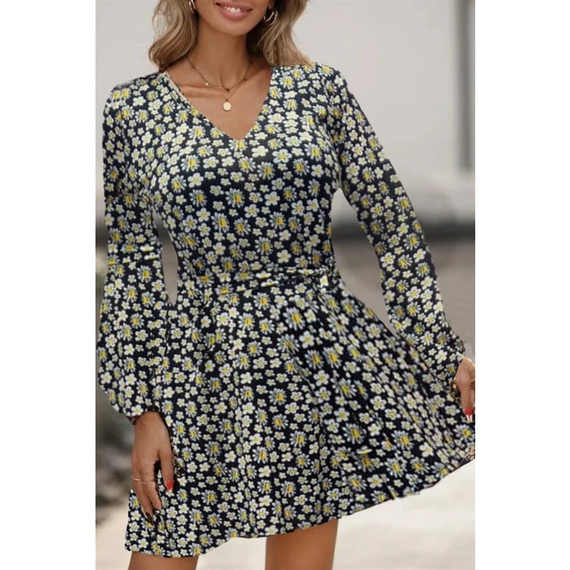 Janes Kadın Uzun Kollu V Yaka Çiçek Desenli Helen Kumaş Elbise