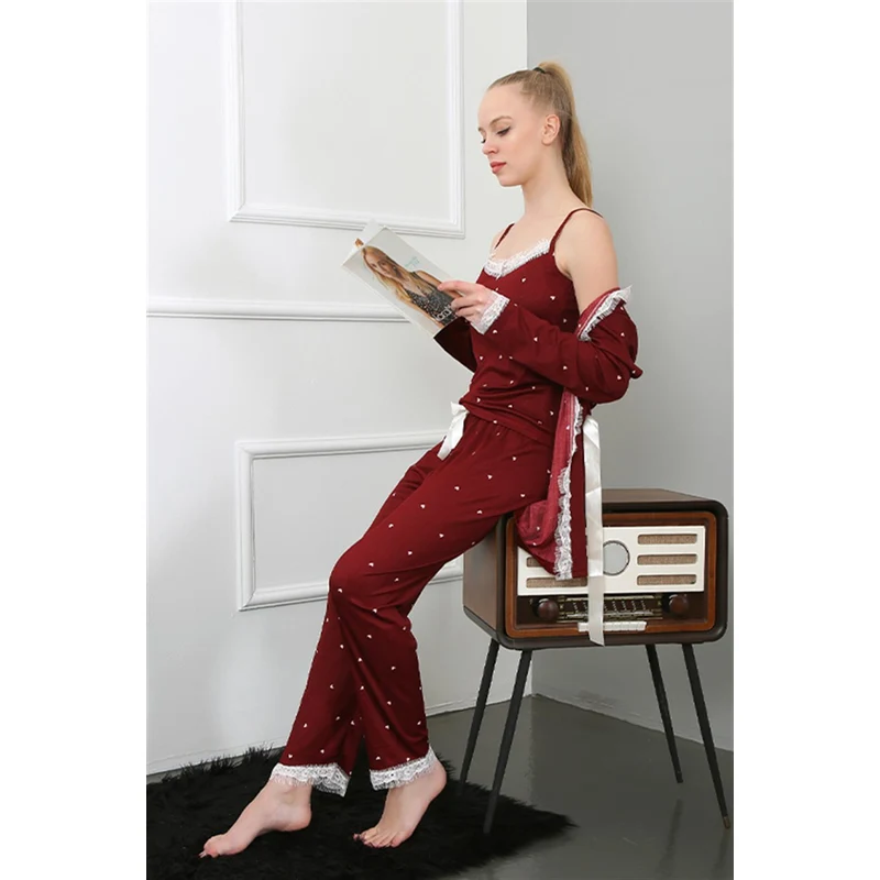 Akbeniz Kadın 3'lü Bordo Sabahlık Pijama Takım 16103 Akbeniz Kadın 3'lü Bordo Sabahlık Pijama Takım 16103