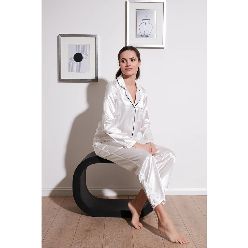 Lela Gömlek Yaka Rahat Kesim Bol Paça Saten Bayan Pijama Takımı 6110374 Ekru