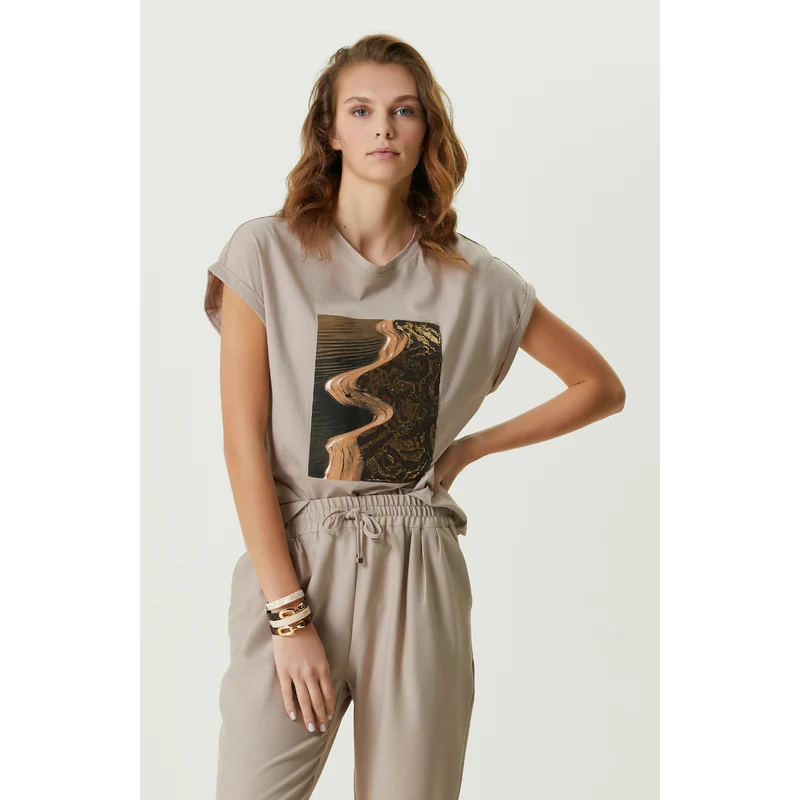 NetWork Bej Baskılı Bisiklet Yaka T-Shirt NetWork Bej Baskılı Bisiklet Yaka T-Shirt