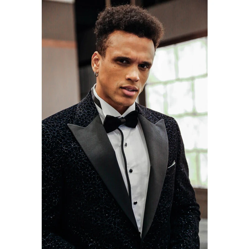 Wessi Glitter Floral Patterned Navy Blue Men Prom Blazer Wessi Glitter Floral Patterned Navy Blue Men Prom Blazer