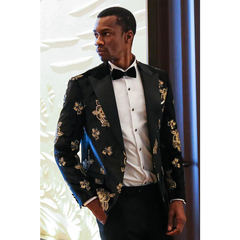 Wessi Gold Floral Patterned Shiny Black Men Prom Blazer
