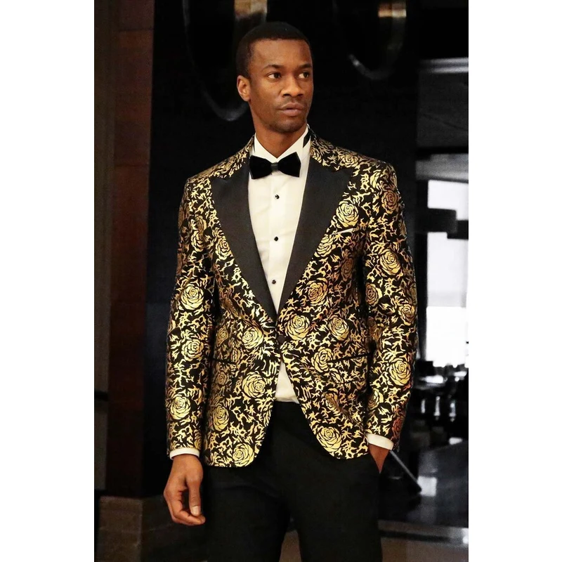 Wessi Gold Rose Patterned Slim Fit Black Men Prom Blazer