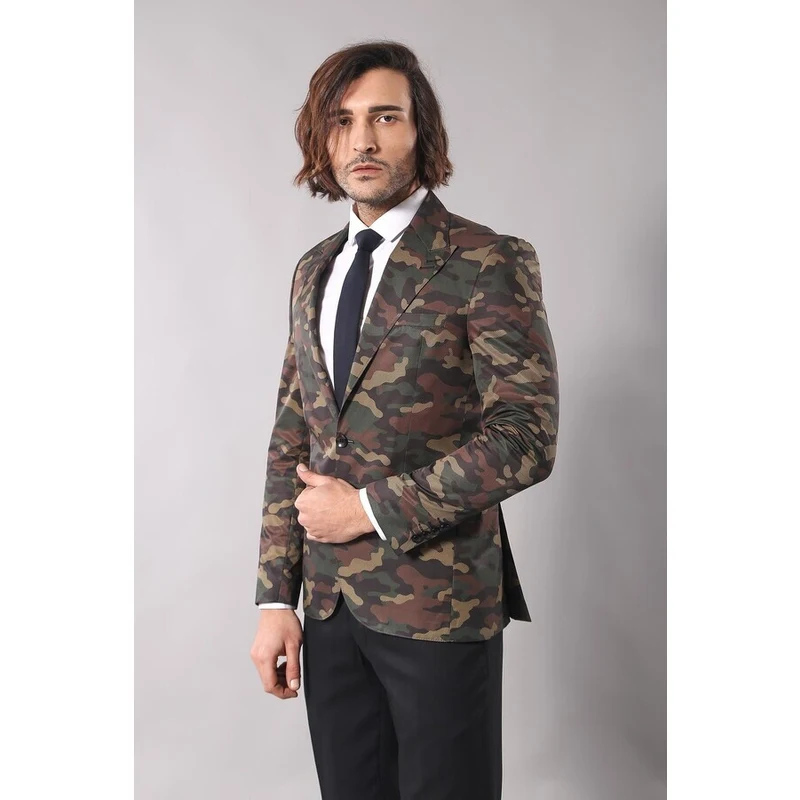 Wessi Camouflage Pattern Slim Fit Green Men Blazer
