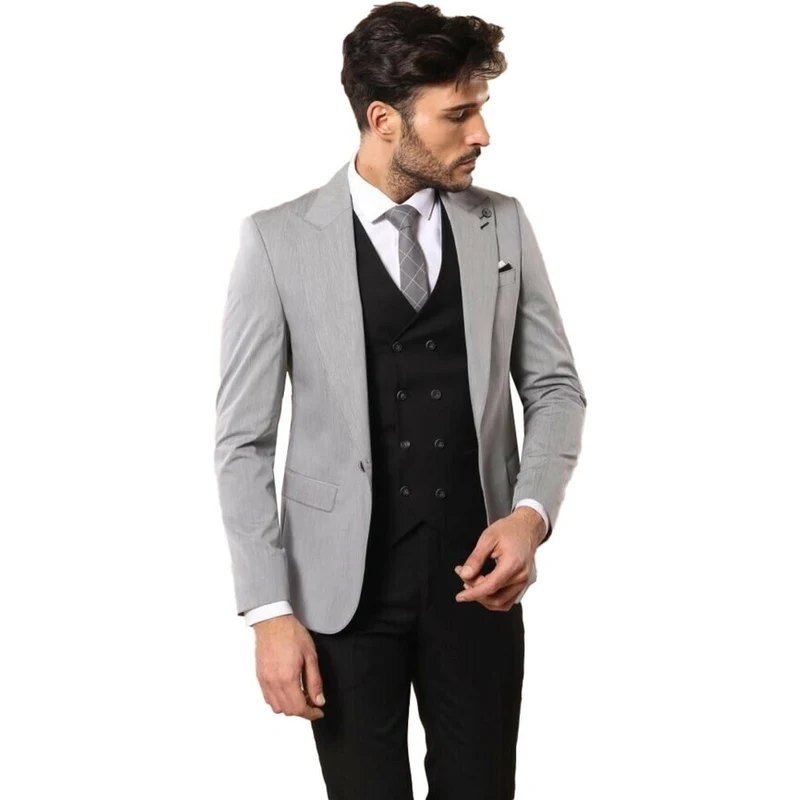 Wessi Black Double Breasted Vest Grey Men Suit