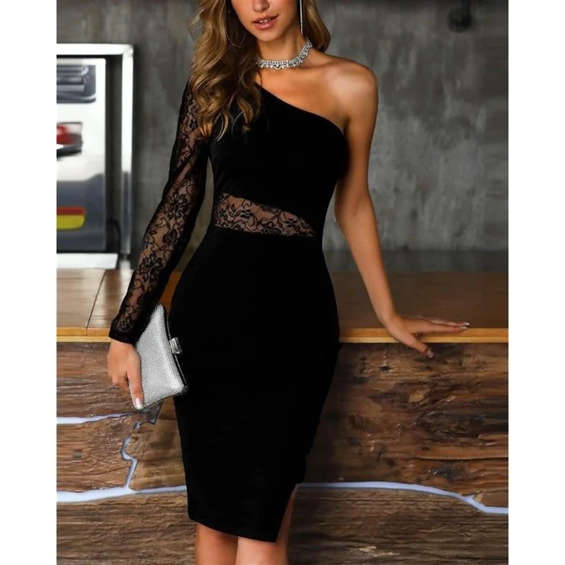 Janes Kadın Siyah Tek Kol Dantel Detay Krep Elbise