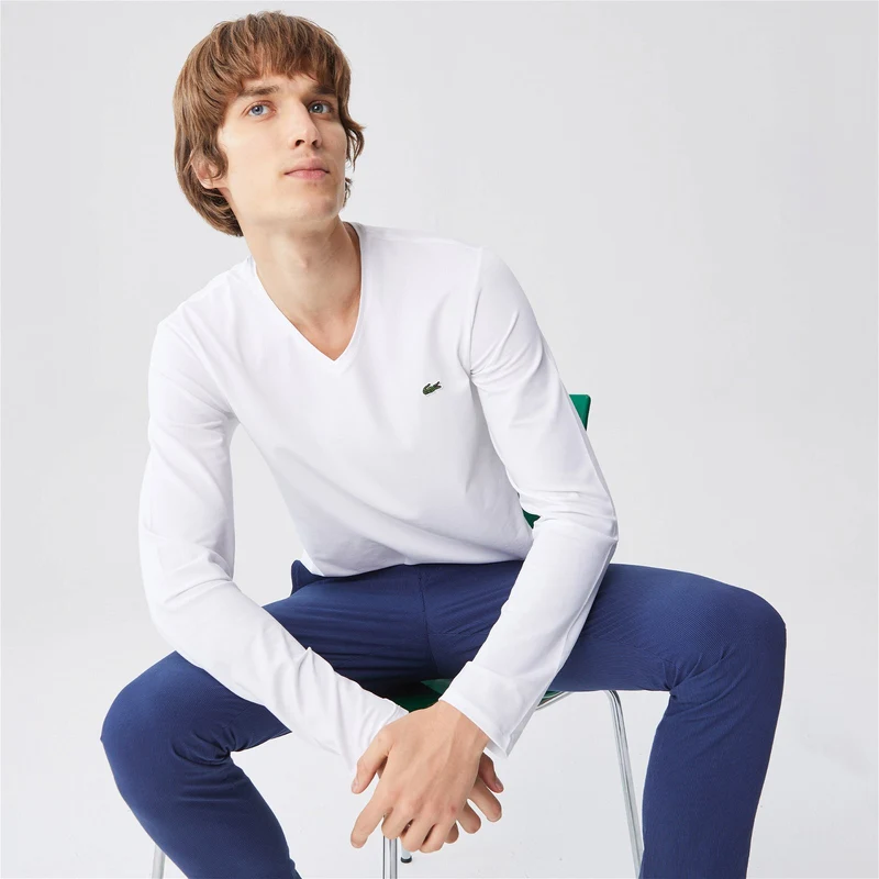 Lacoste Erkek Regular Fit Uzun Kollu V Yaka Beyaz T-Shirt.100-TH0991.001