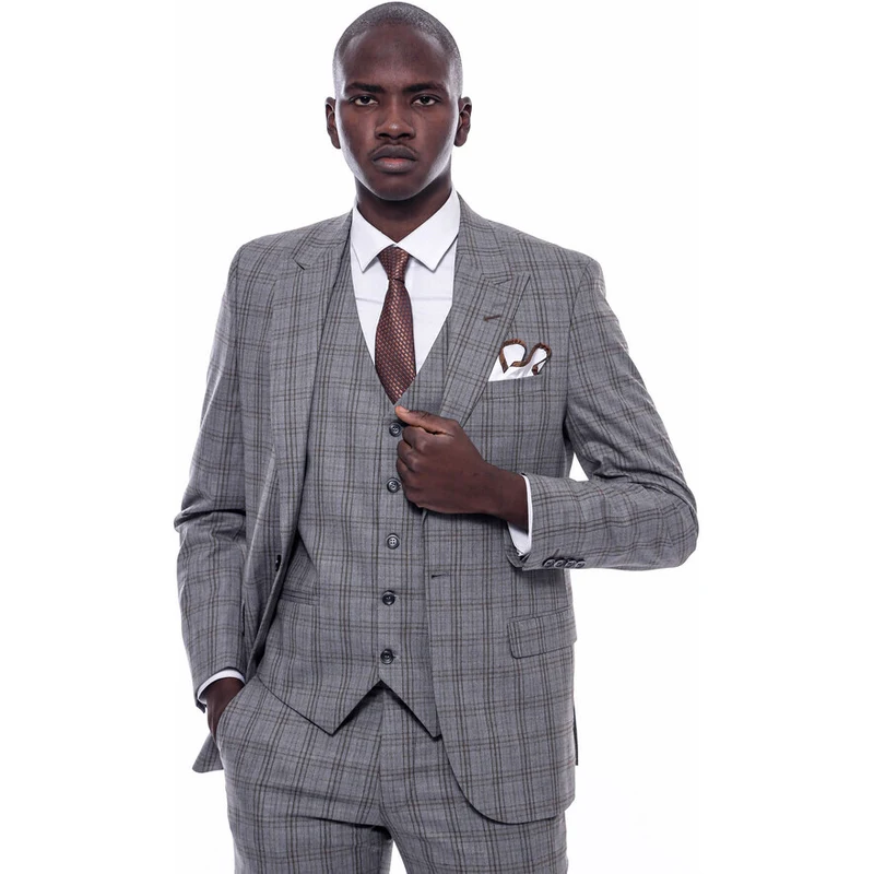 Wessi Checked Slim Fit Grey Men Suit