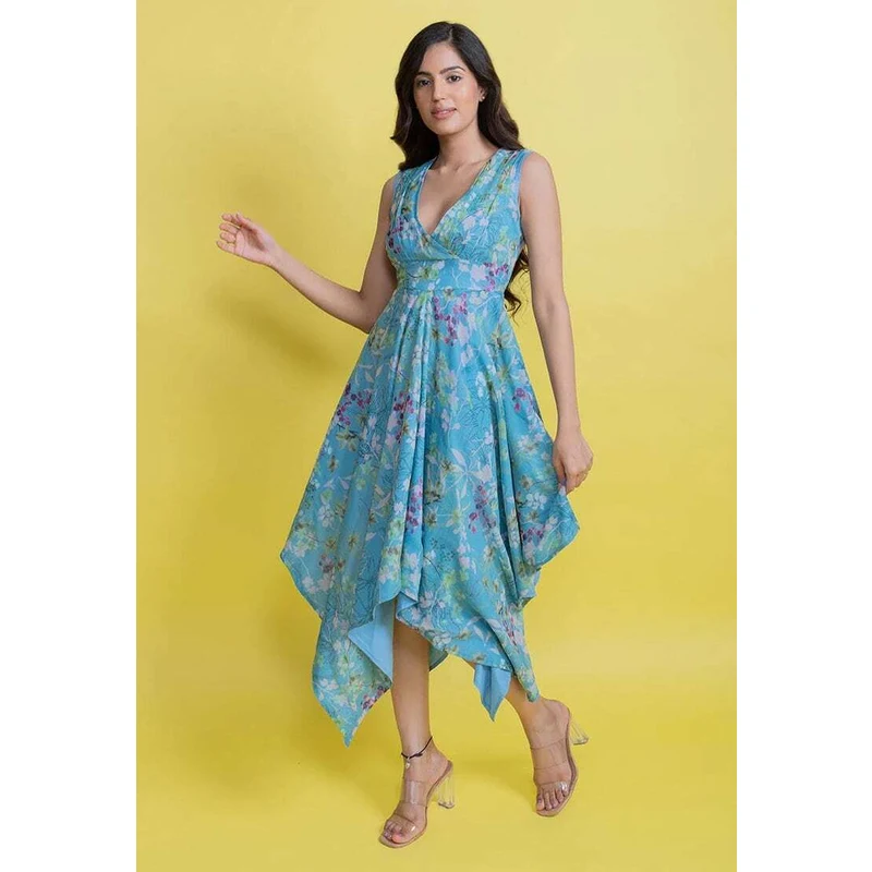 Aroop Chiffon Handkerchief Floral Dress - Blue