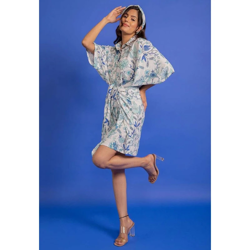 Aroop Floral Shirt Dress Kimono Sleeves - Blue
