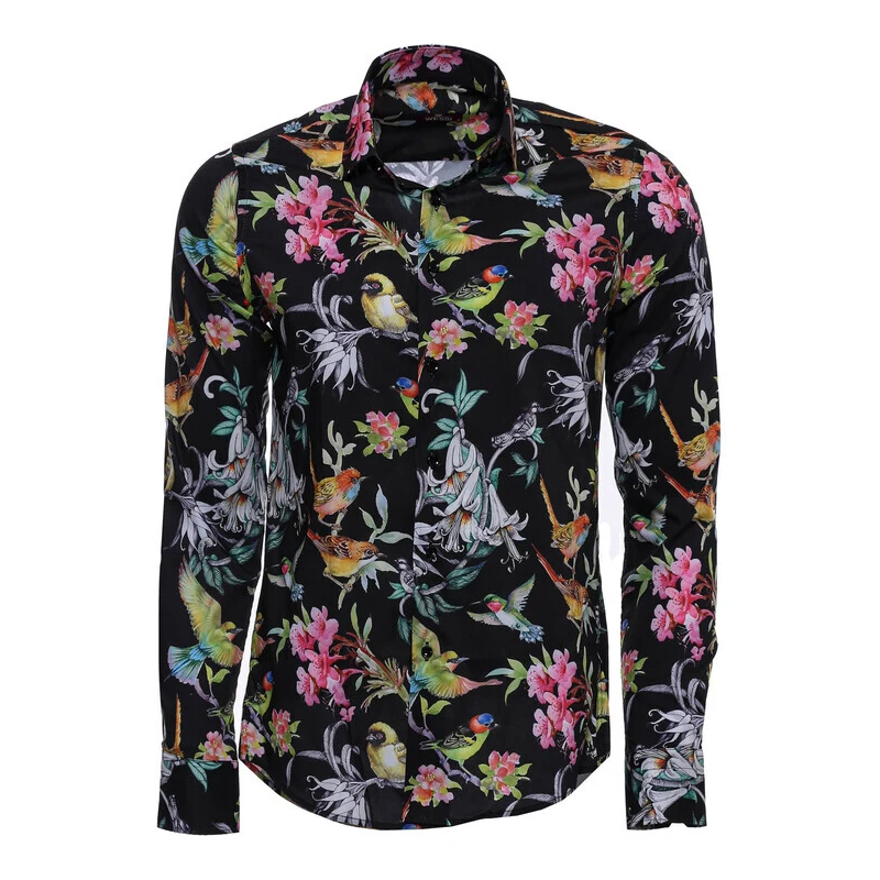 Wessi Flower And Birds Patterned Long Sleeves Black Men Shirt