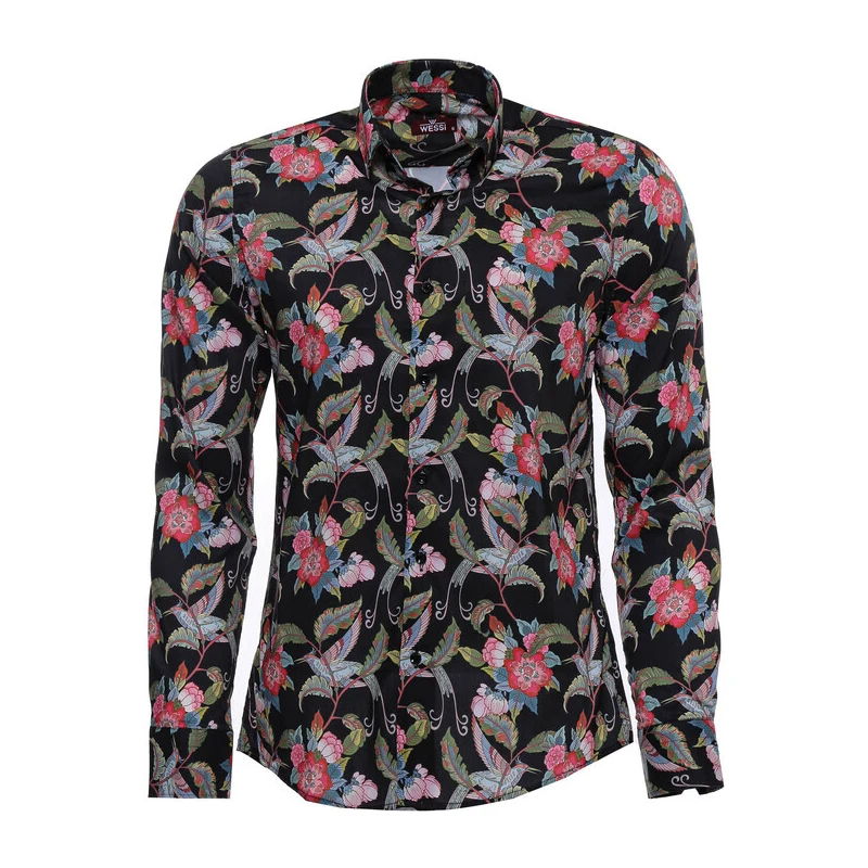 Wessi Hummingbird And Floral Patterned Long Sleeves Black Men Shirt