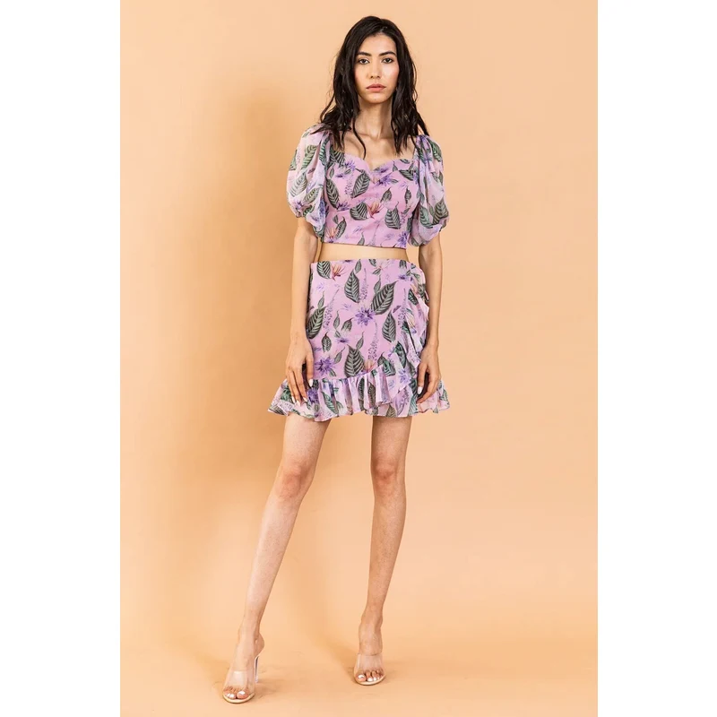 Aroop Chiffon Floral Co-ord Set - Crop Top Skirt - Lilac