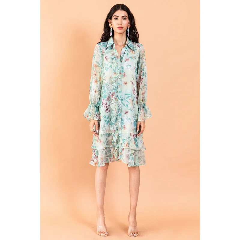 Aroop Floral Chiffon Shirt Dress Ruffle Details - Pale Blue/green