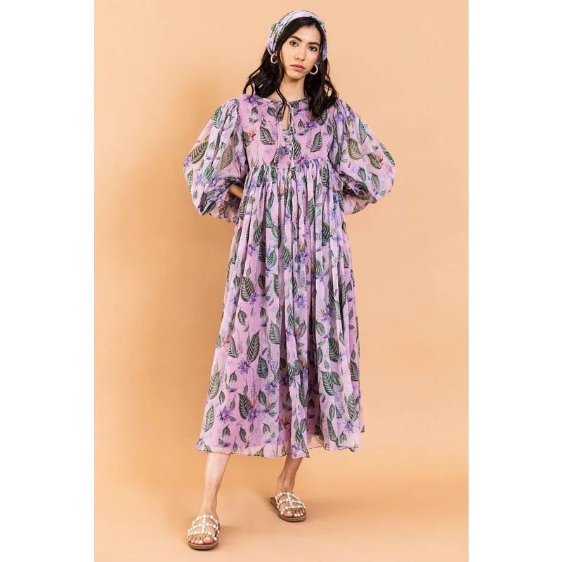 Aroop Sheer Floral Dress Long Sleeves - Lilac