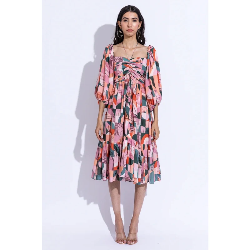 Aroop Flared Midi Dress With Balloon Long Sleeves- Pink Faded Green