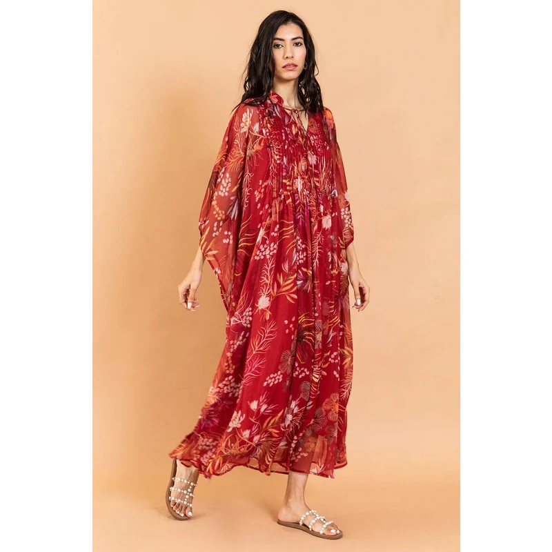 Aroop Chiffon Floral Kaftan Maxi Dress - Red Aroop Chiffon Floral Kaftan Maxi Dress - Red