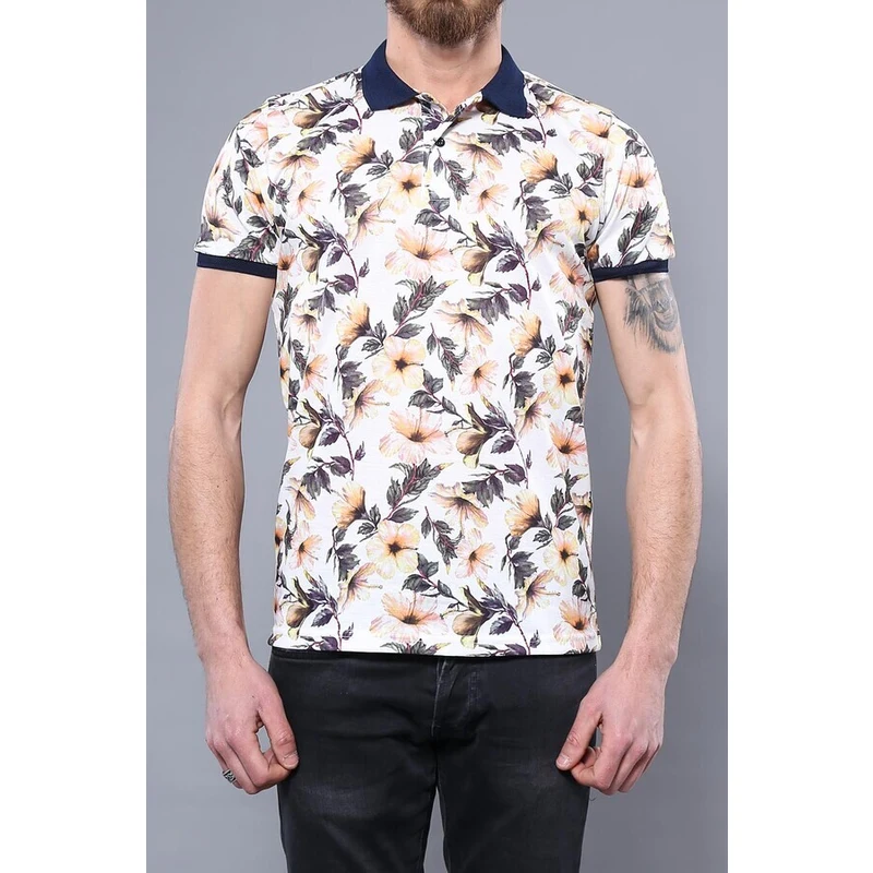 Wessi Polo Yaka Turuncu Çiçek Desenli T-shirt
