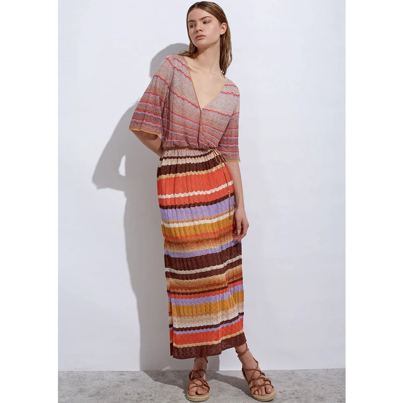 Stripe Patterned Terracotta Knıt Dress