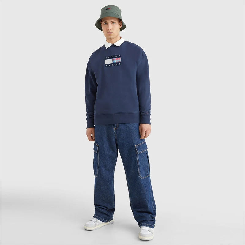 Tommy Jeans Regular Tartan Flag Crew Erkek Mavi Sweatshirt