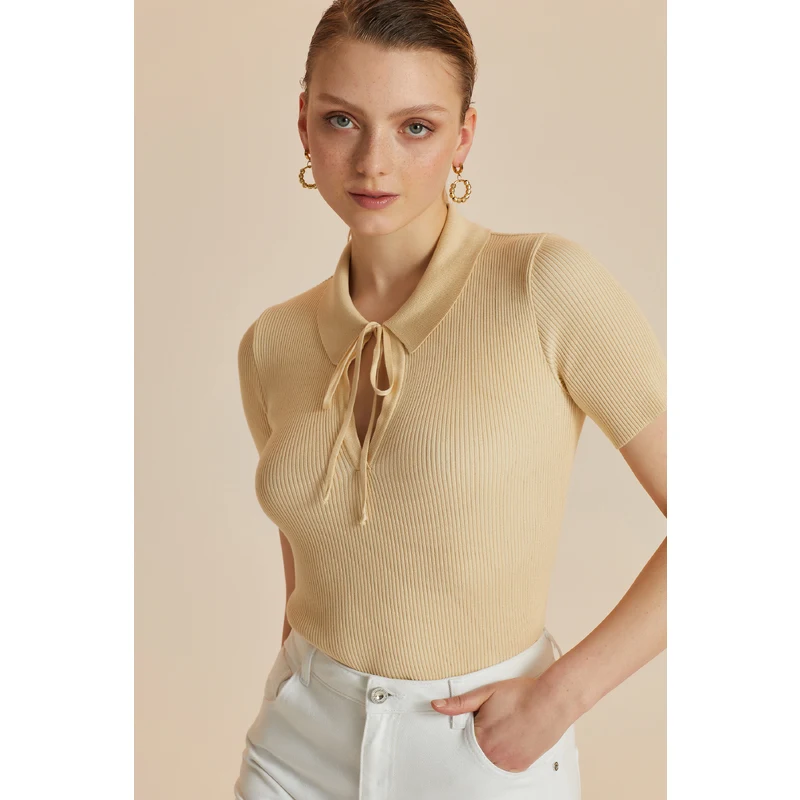 W COLLECTION Bej Polo Yaka Triko