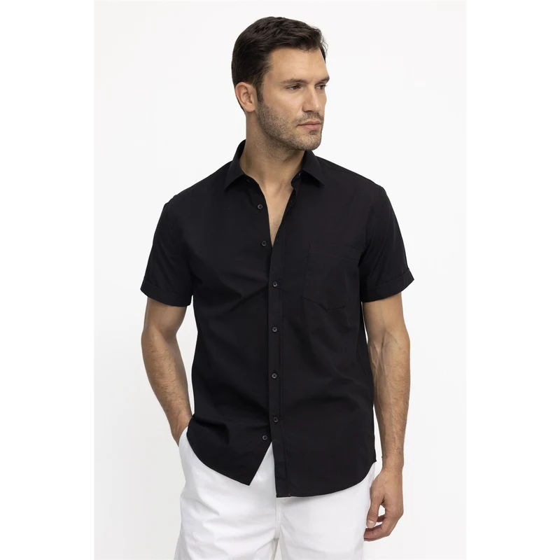 TUDORS Klasik Fit Kısa Kol Düz Kravatlık Kolay Ütülenebilir Erkek Siyah Gömlek