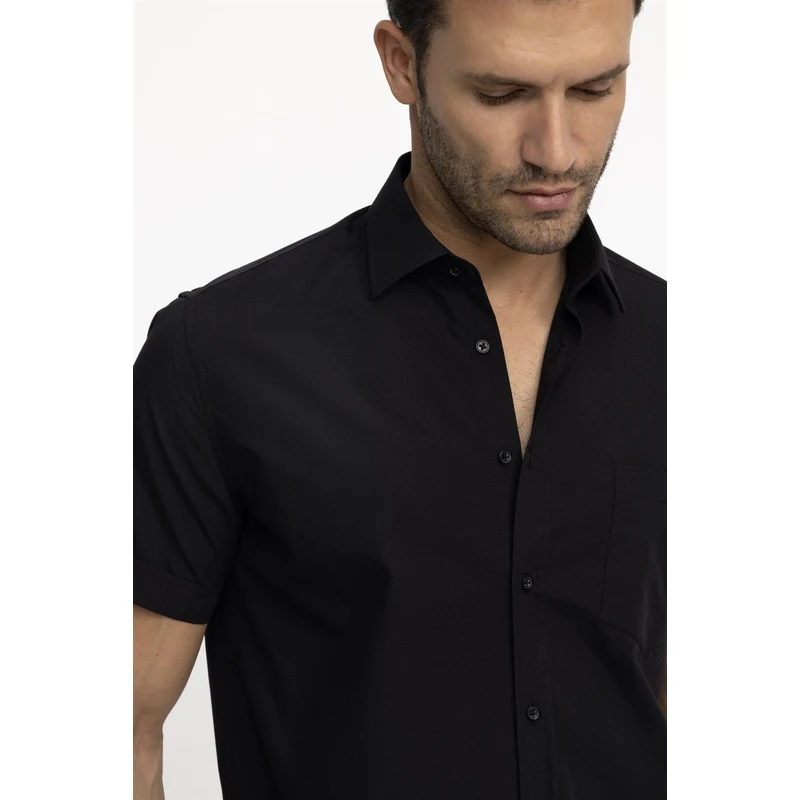 TUDORS Klasik Fit Kısa Kol Düz Kravatlık Kolay Ütülenebilir Erkek Siyah Gömlek RQ11228