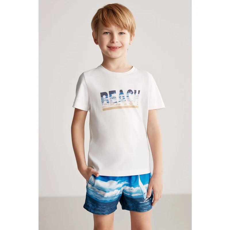 Hemington Beach Baskılı Beyaz Pima Pamuk Çocuk T-Shirt
