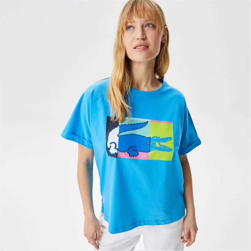 Lacoste Kadın Loose Fit Bisiklet Yaka Baskılı Mavi T-Shirt.100-TF0314.14M