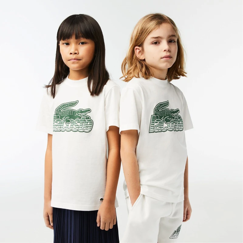 Lacoste Çocuk Bisiklet Yaka Baskılı Beyaz T-Shirt.100-TJ5328.70V