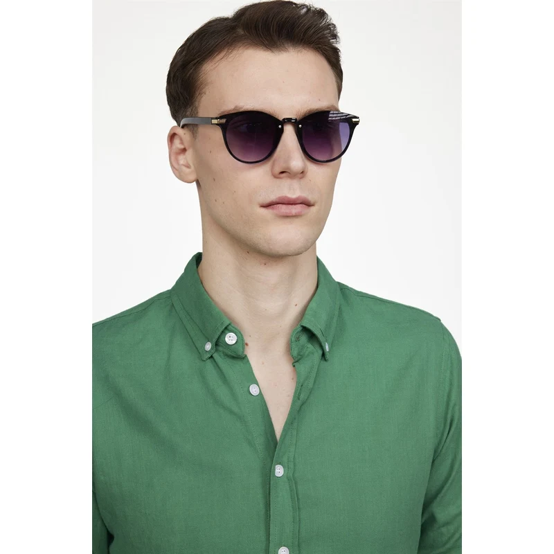 TUDORS Slim Fit Uzun Kol Biyeli Yaka Düğmeli Keten Erkek Yeşil Gömlek RQ10256