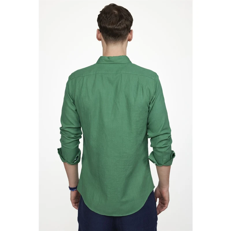 TUDORS Slim Fit Uzun Kol Biyeli Yaka Düğmeli Keten Erkek Yeşil Gömlek RQ10256