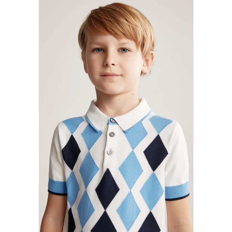 Hemington Mavi Beyaz Baklava Desen Çocuk Triko Polo