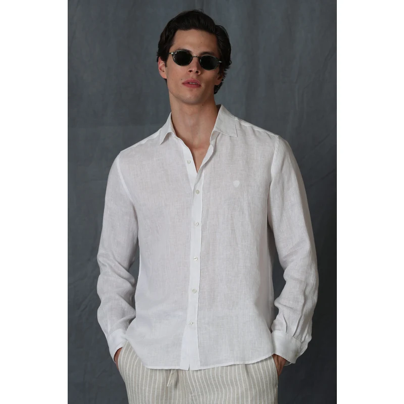 Lufian Pitaya Düğmeli Yaka % 100 Keten Comfort Fit Erkek Gömlek 111010557 Beyaz