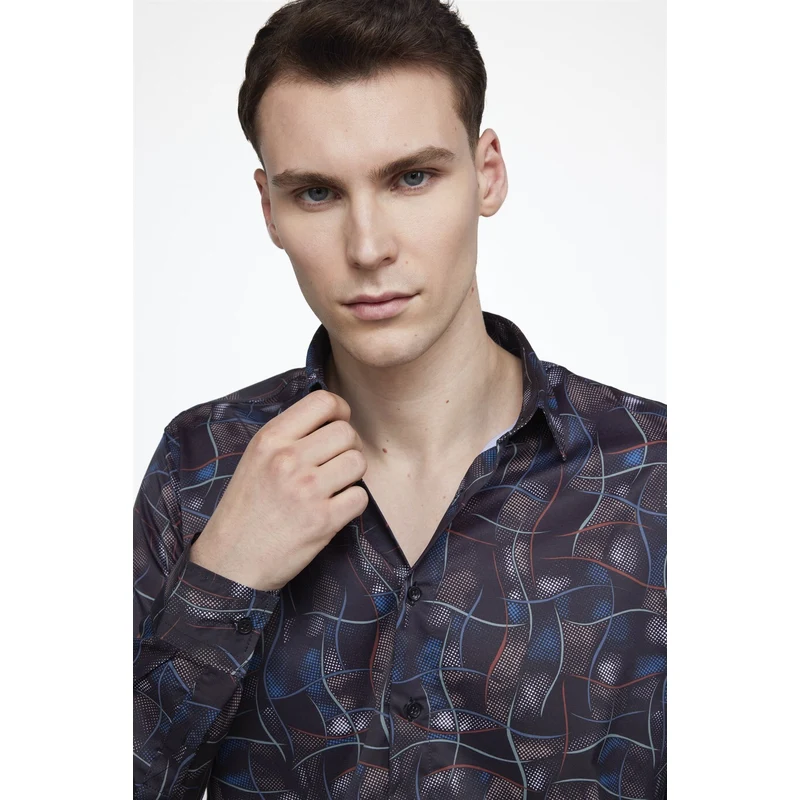TUDORS Slim Fit Dar Kesim Uzun Kol Likralı Baskılı Erkek Çok Renkli Gömlek
