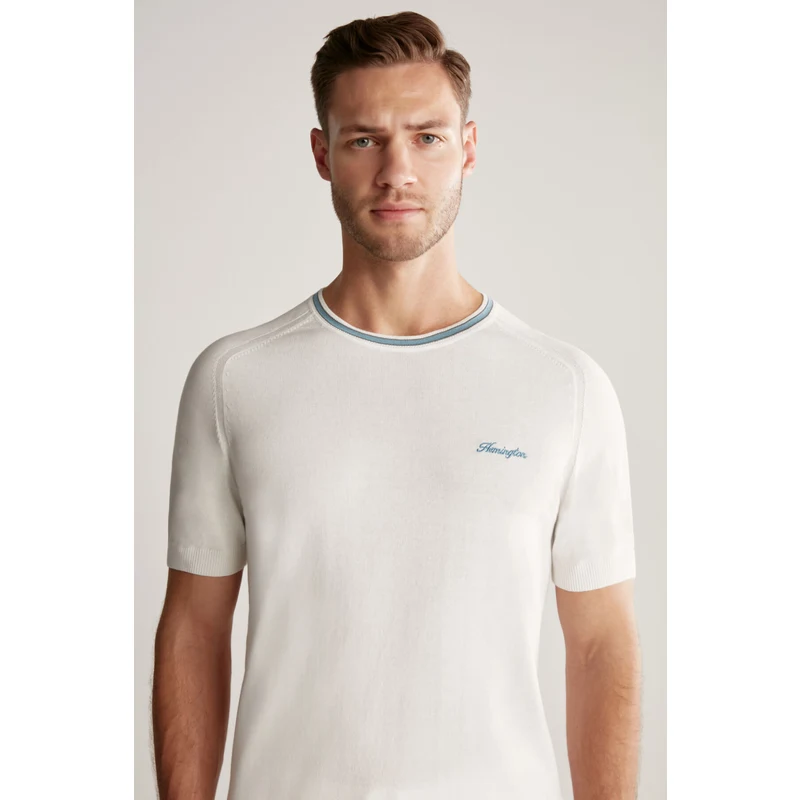 Hemington Nakış Logolu Yaka Detaylı Beyaz Triko T-Shirt
